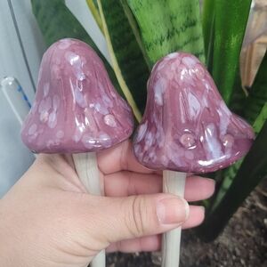 Set Of 2 Ceramic Purple Mushroom Garden Stakes.